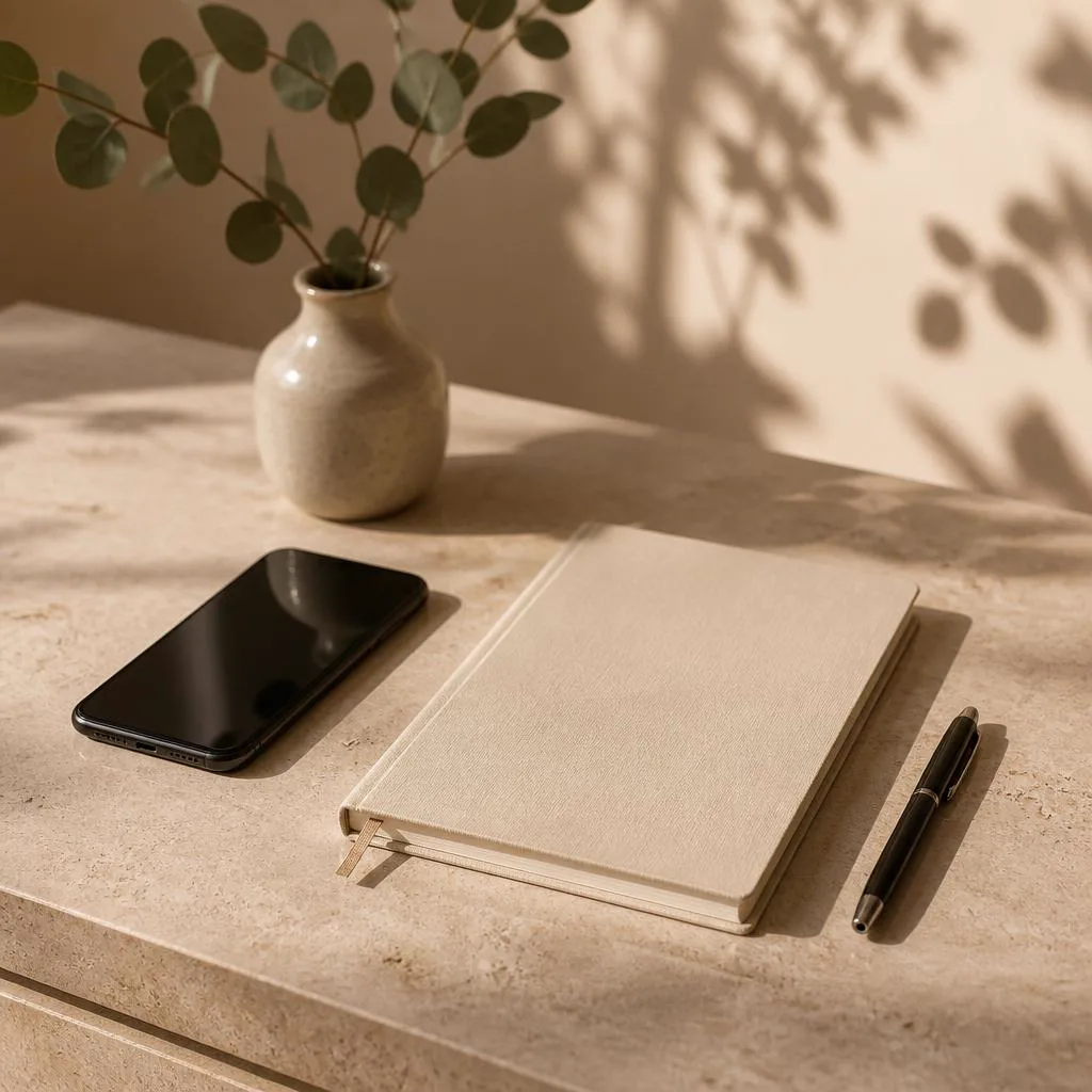 Smartphone, caderno e caneta preparados para a conversa inicial